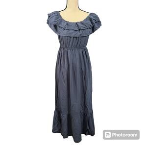 Anna Kaci Women's Blue Off Shoulder Ruffle Tiered Slate Goddess Maxi Dress Sz S